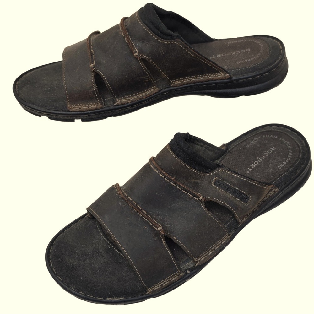 Rockport Mens H80307 Darwyn Slide Sandals Brown Leather TruTech Memory Foam 12 M